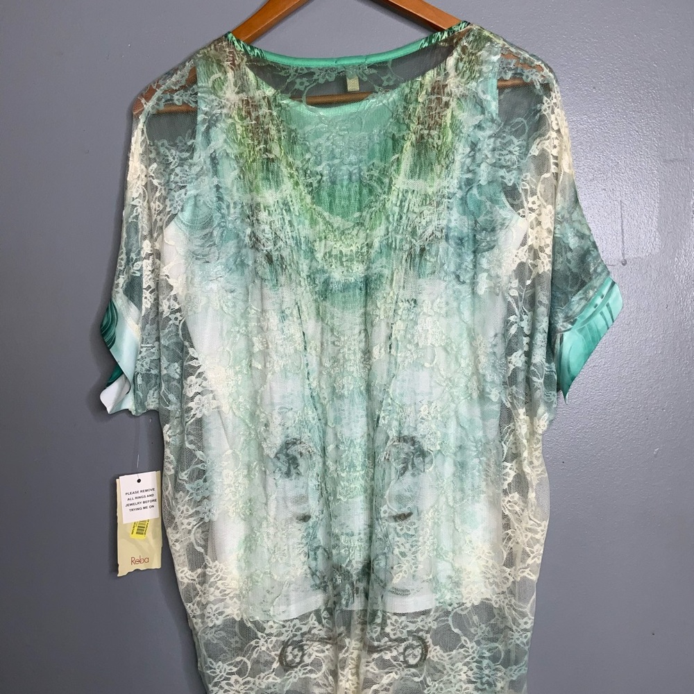 Reba Green and White Lace Overlay Stretch Knit Blouse Tunic Small NWT - Picture 6 of 8
